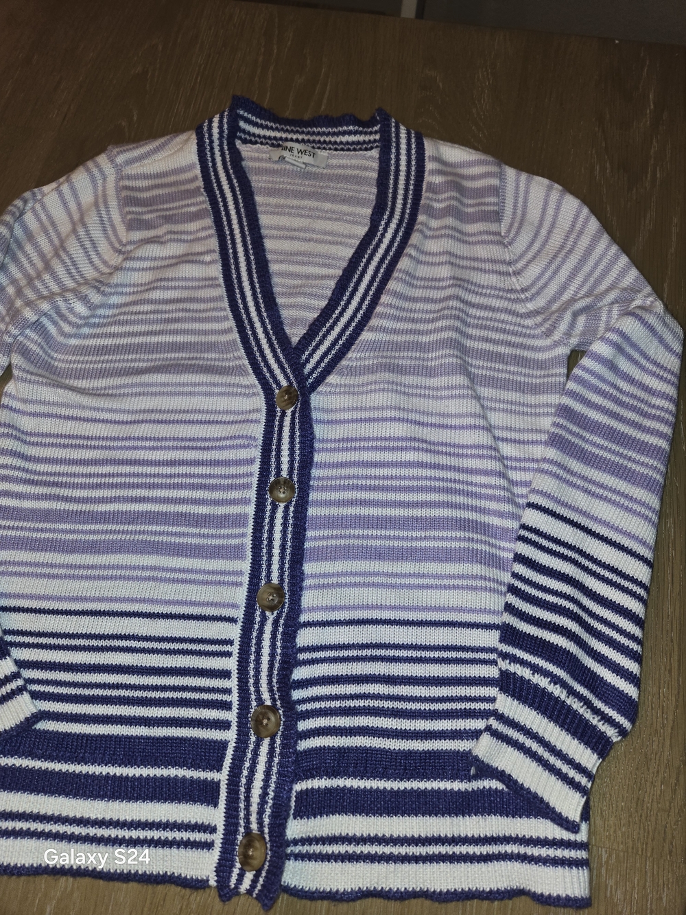 Nine West Lavender, White Striped Button Cardigan Sweater Womens M Very Soft